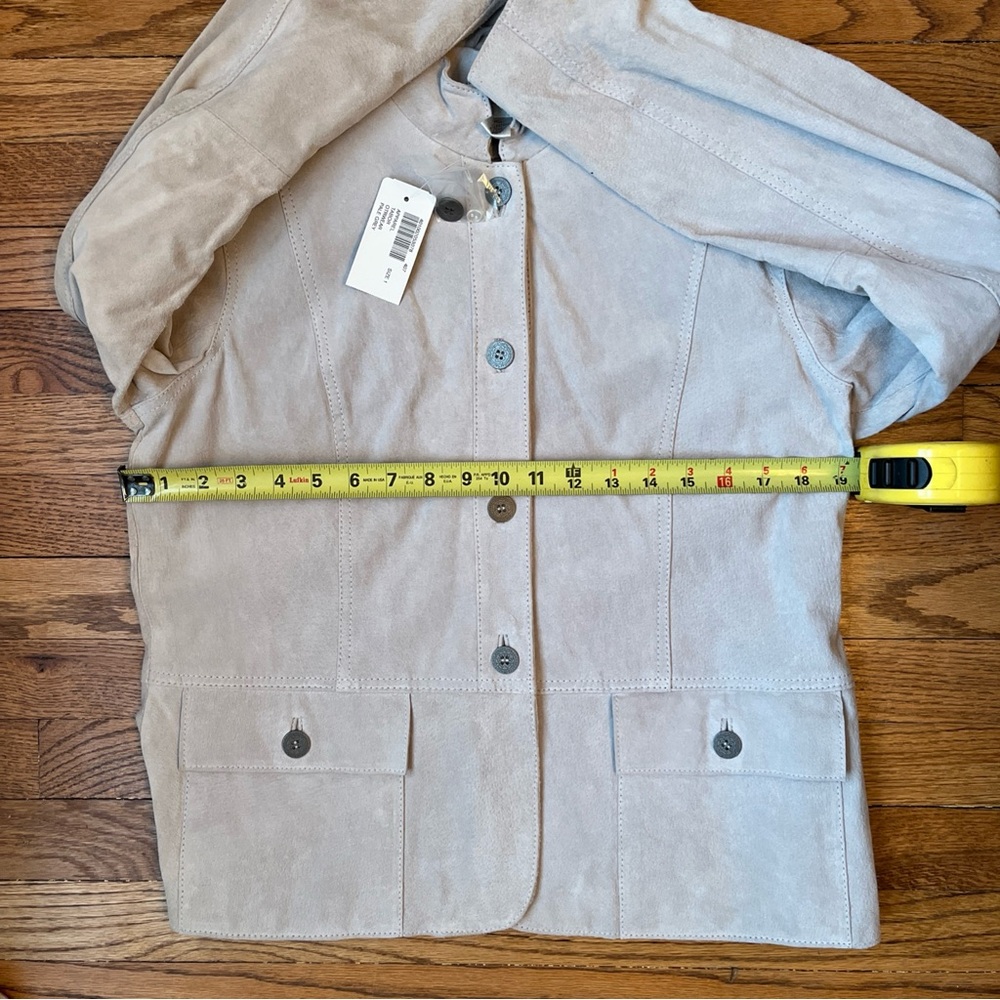 Chicos Women’s Suede Gray Jacket Sz 1 Button Front Military Mandarin Collar NWT - Picture 10 of 12